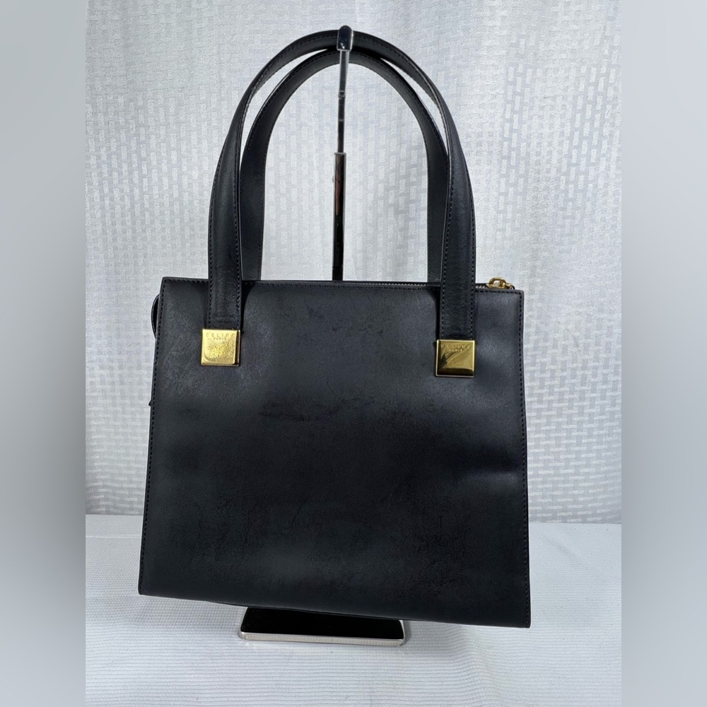 3095: Vintage Celine Black Leather Structured Top Handle Tote Bag